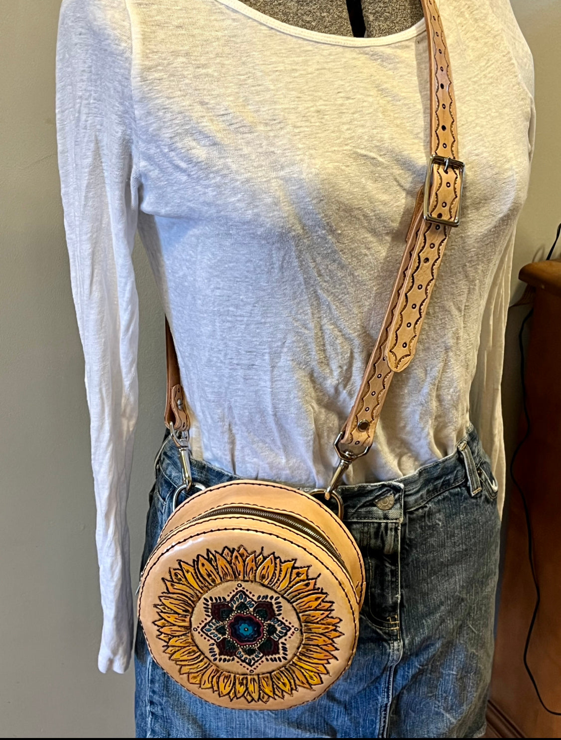 Hand Tooled Sunflower Mandala Circle Crossbody Purse
