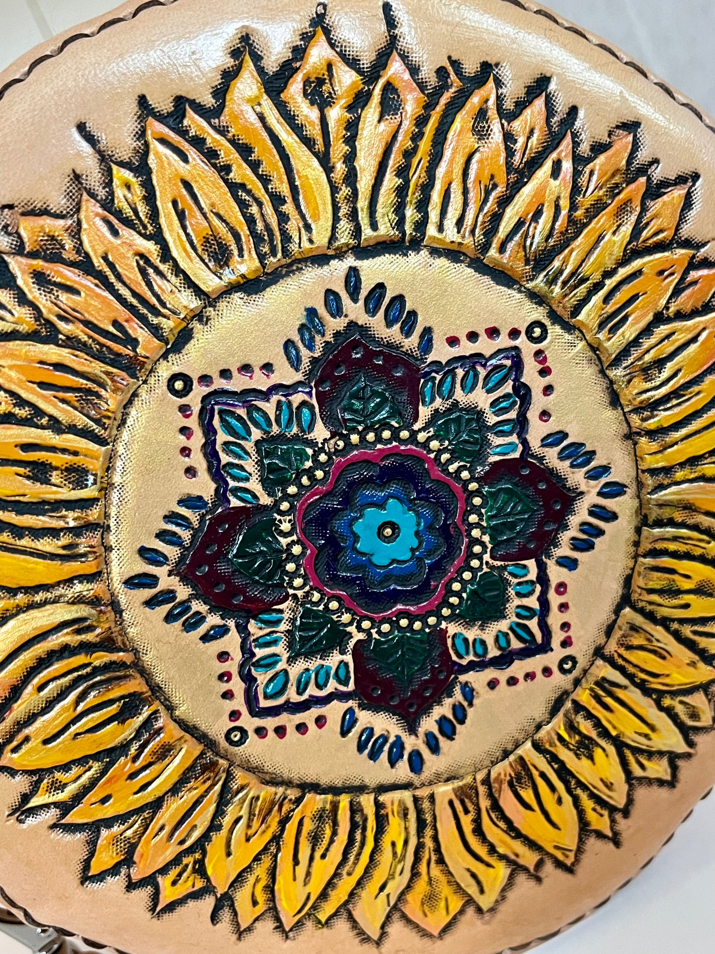 Hand Tooled Sunflower Mandala Circle Crossbody Purse