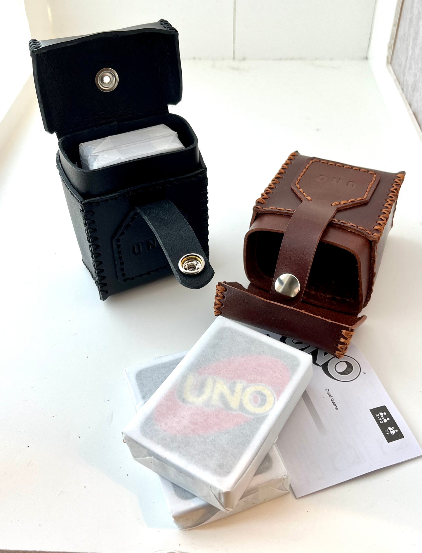 Leather Two-Deck Playing Card Case with UNO
