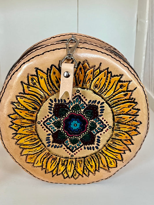 Hand Tooled Sunflower Mandala Circle Crossbody Purse