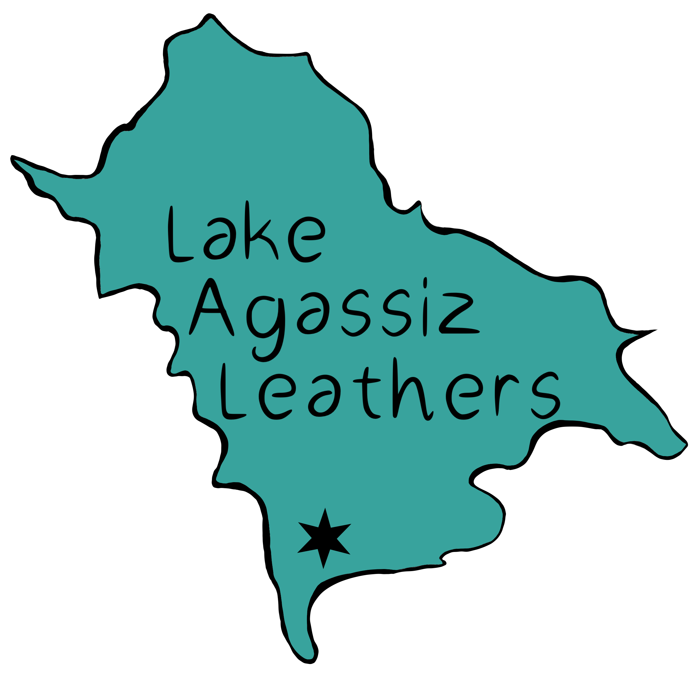 Company logo is the shape of Lake Agassiz with a star in the lower left hand part of the lake representing the farm that the artist grew up on. The name Lake Agassiz Leathers is also printed in the center of the lake.