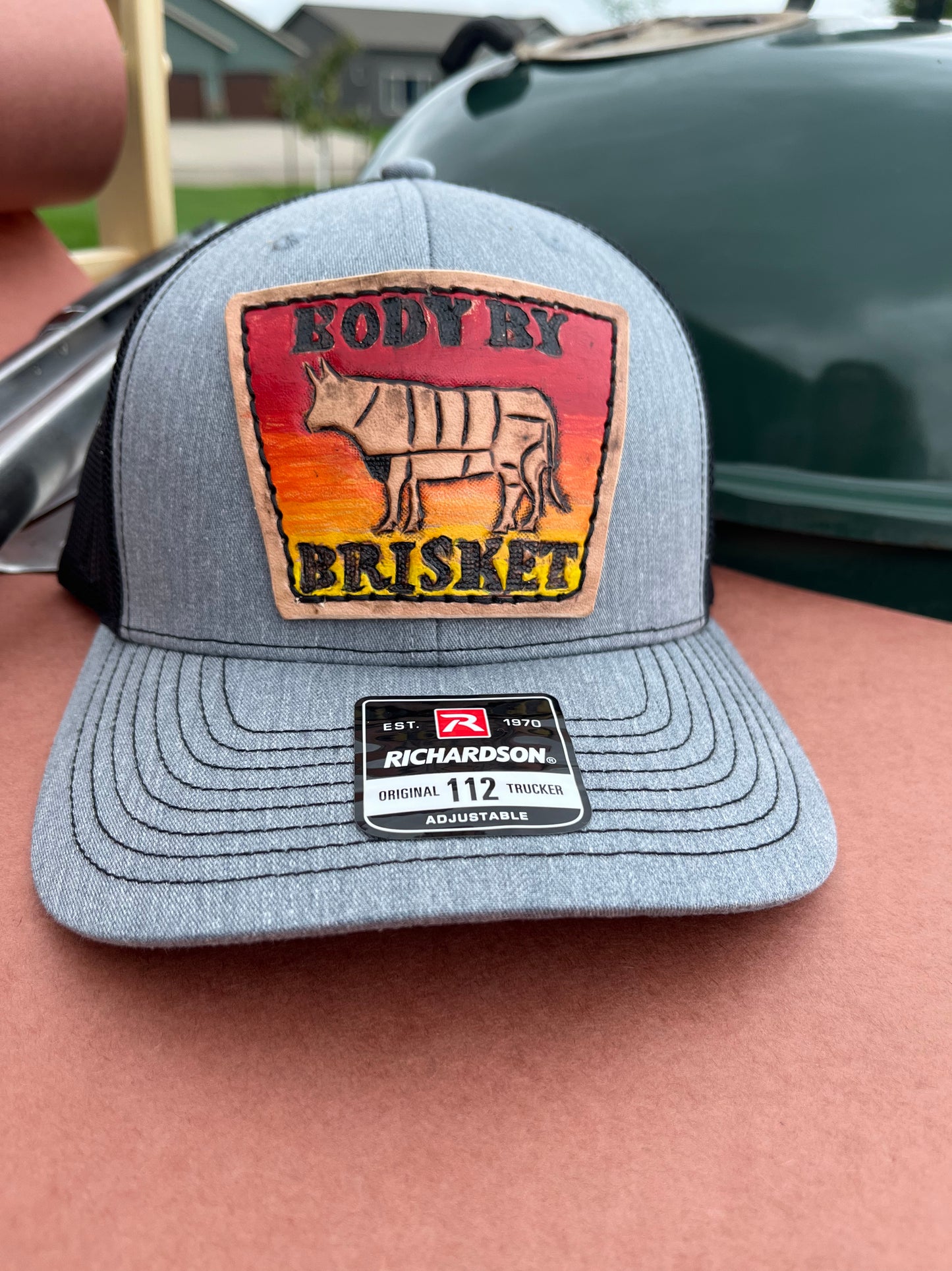 Body By Brisket BBQ Trucker Hat (painted and antiqued)